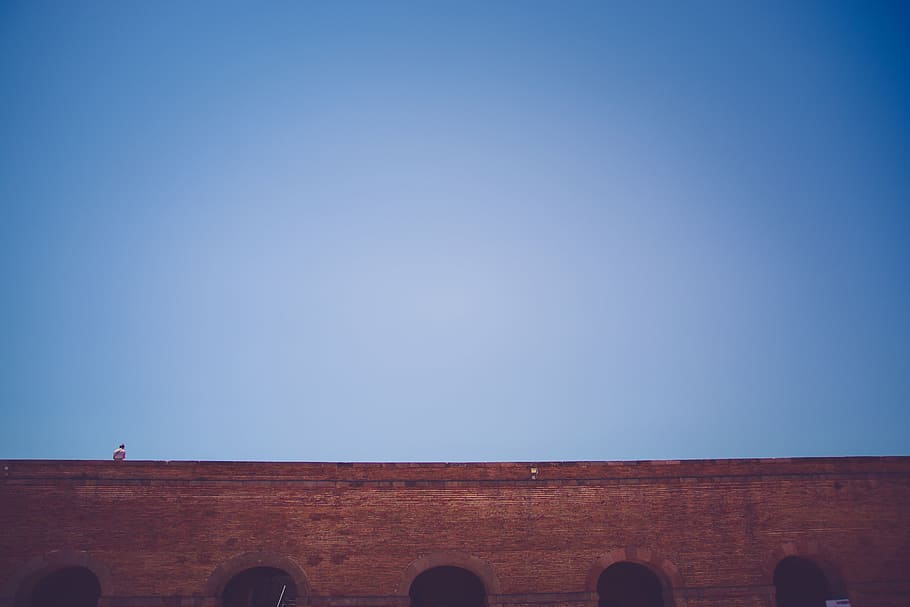 brown concrete wall, field, clear, blue, sky, bridge, bricks HD wallpaper