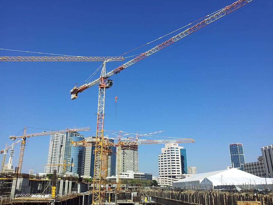 cranes, city, construction, building, town, sky, architecture HD wallpaper