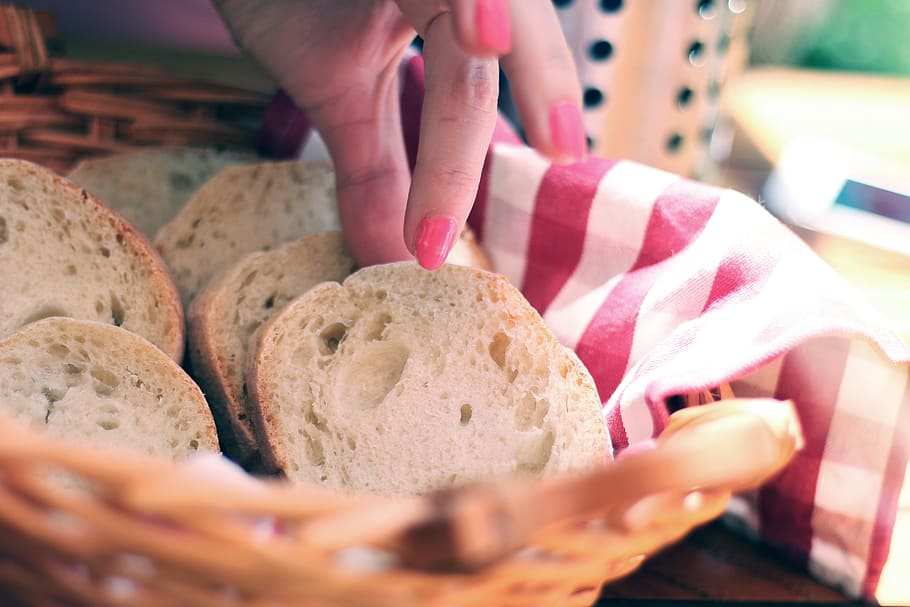 woman picking bread, sliced, slices, hand, grabbing, eating HD wallpaper