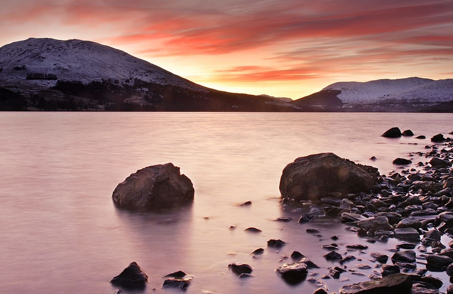 landscape photography of mountain beside sea, loch earn, scotland, HD wallpaper