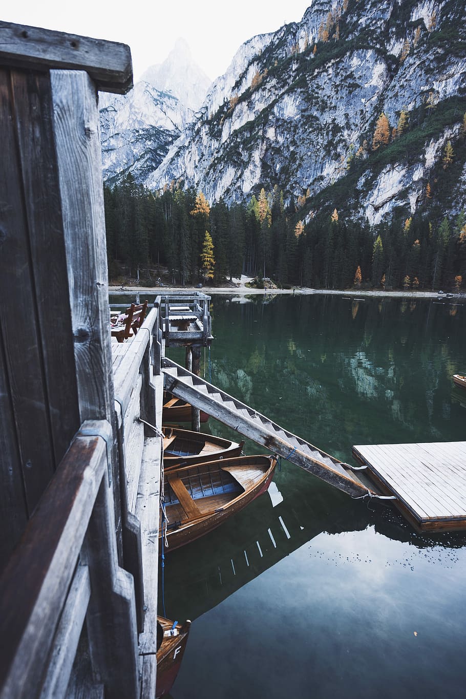 Dolomites Classic, brown wooden dock beside mountains, lake, water HD wallpaper