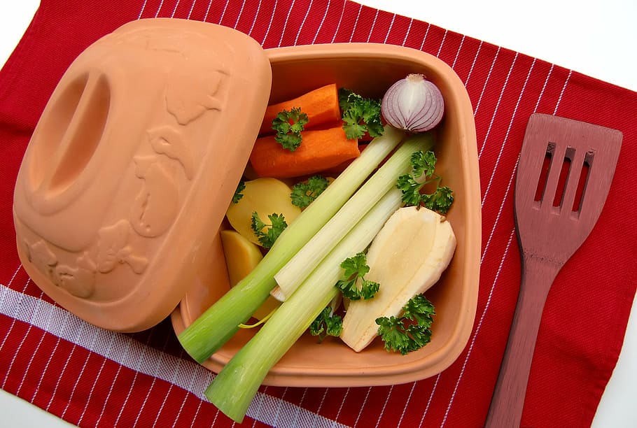 green celery, carrots and potatoes in brown bowl, clay pot HD wallpaper