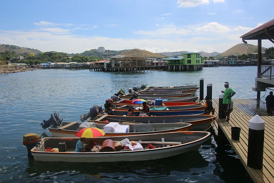 fish market, boats, papua new guinea, sea, water, nature, tropical