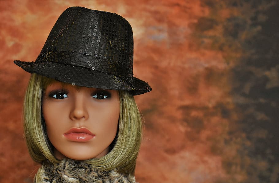 woman, hat, black, sequins, face, carnival, doll, display dummy HD wallpaper