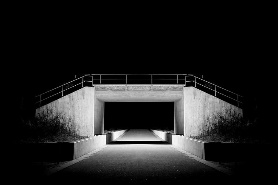 gray handrail, concrete, foot, bridge, night, time, road, street HD wallpaper