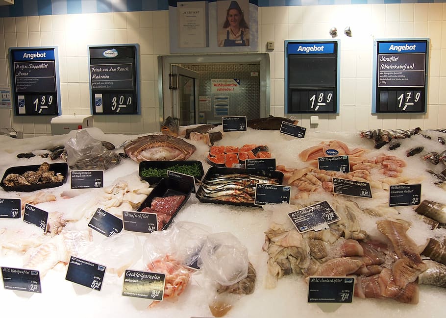 Fish Counter, Supermarket, buy, seafood, consumption, were offered, HD wallpaper