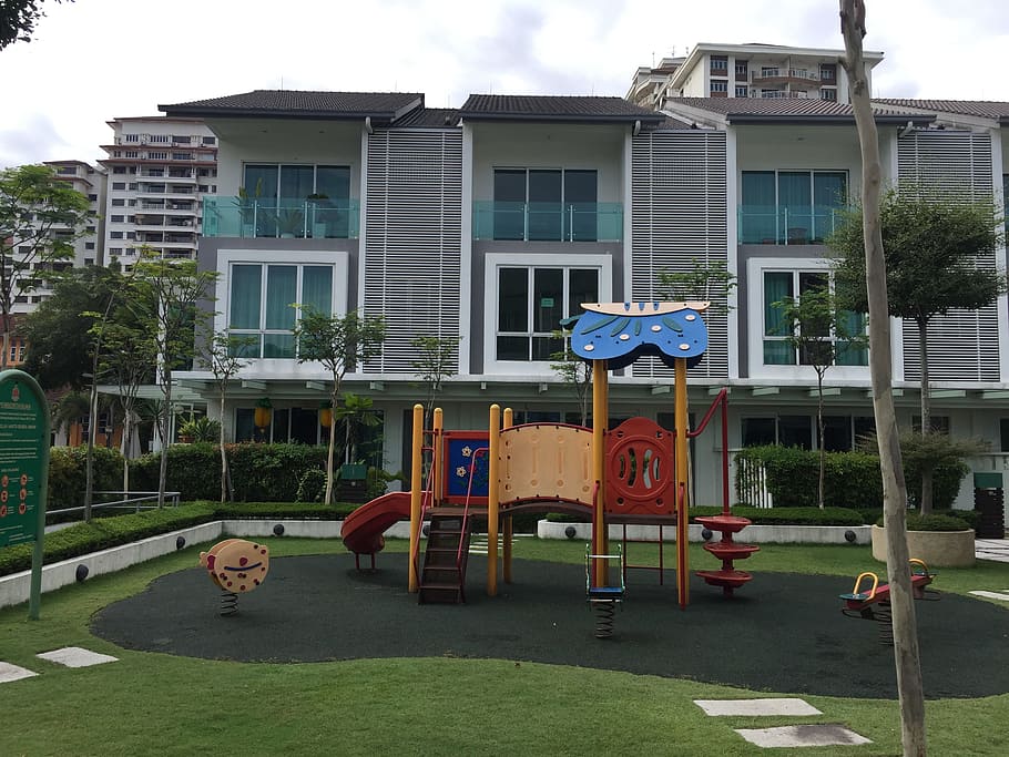 playground, residence, slide, building exterior, built structure