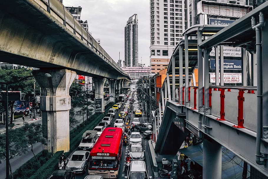 landscape photography of busy city streets, bangkok, thailand