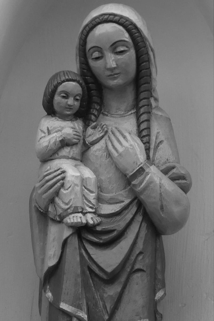 maria, jesus, image, statue, virgin, faith, religion, black And White HD wallpaper