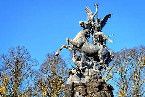 statue, monument, figure, sculpture, horse, angel, man, metal HD wallpaper