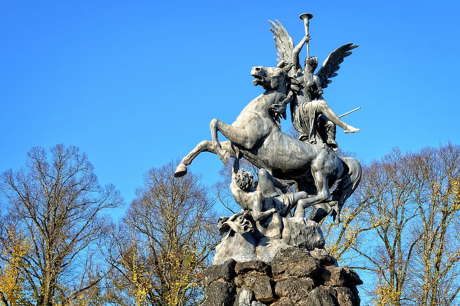 statue, monument, figure, sculpture, horse, angel, man, metal HD wallpaper