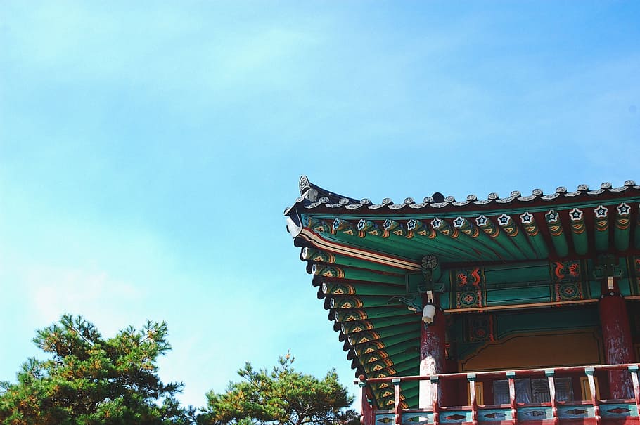 temple, architecture, blue, sky, asian, built structure, low angle view HD wallpaper