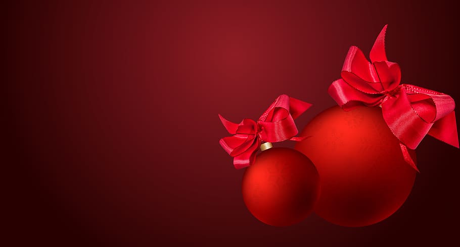 two red baubles, christmas, background, balls, bow, decoration HD wallpaper