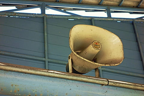 white megaphone speaker indoors, microphone, public, old, weathered HD wallpaper