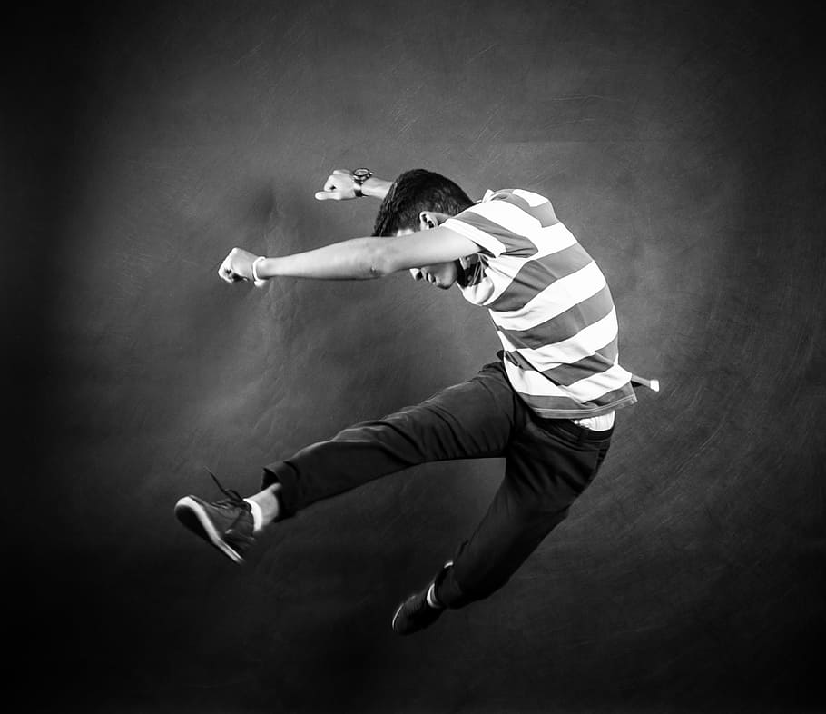 black-and-white, jumping, man, model, person, black And White HD wallpaper