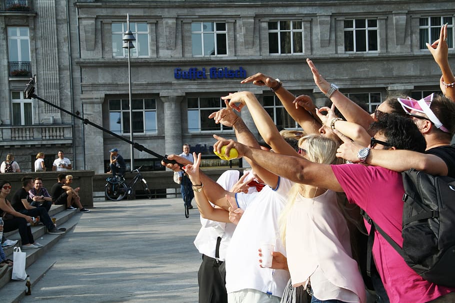people taking groufie, selfie, human, more, cologne, dom, crowd HD wallpaper