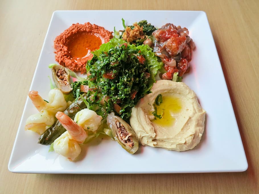 plate of seafoods, starter, eat, chunks, hearty, hummus, tahina HD wallpaper