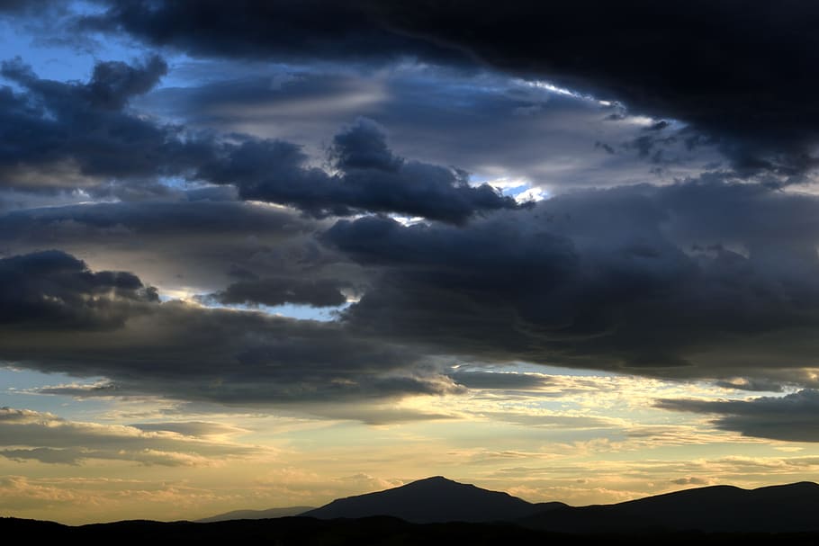 sunset, sky, clouds, mountains, view, nature, the sun, west HD wallpaper