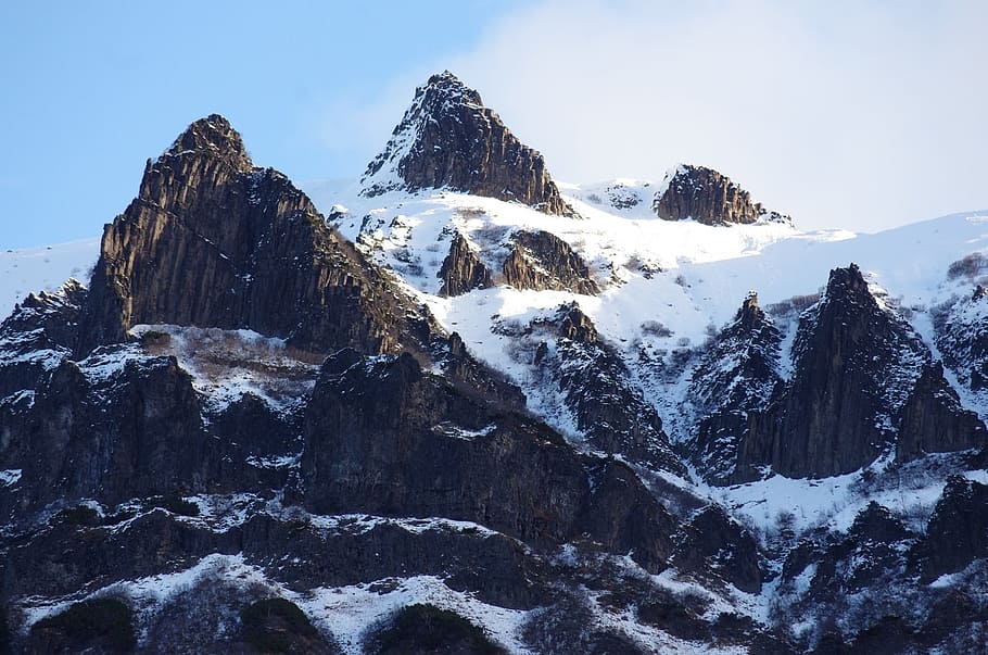 mountains, vertices, ridge, rocks, stones, height, snow, mountain landscape HD wallpaper