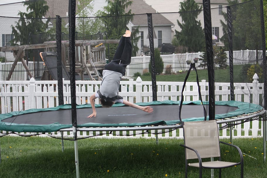 trampoline, jump, child, fun, activity, backyard, full length HD wallpaper