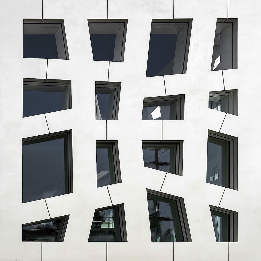 white window collage, view of building with glass window, architecture HD wallpaper