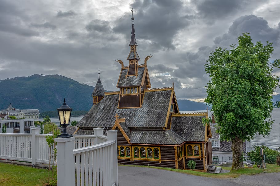 church, tree, landscape, clouds, architecture, building, mountains HD wallpaper