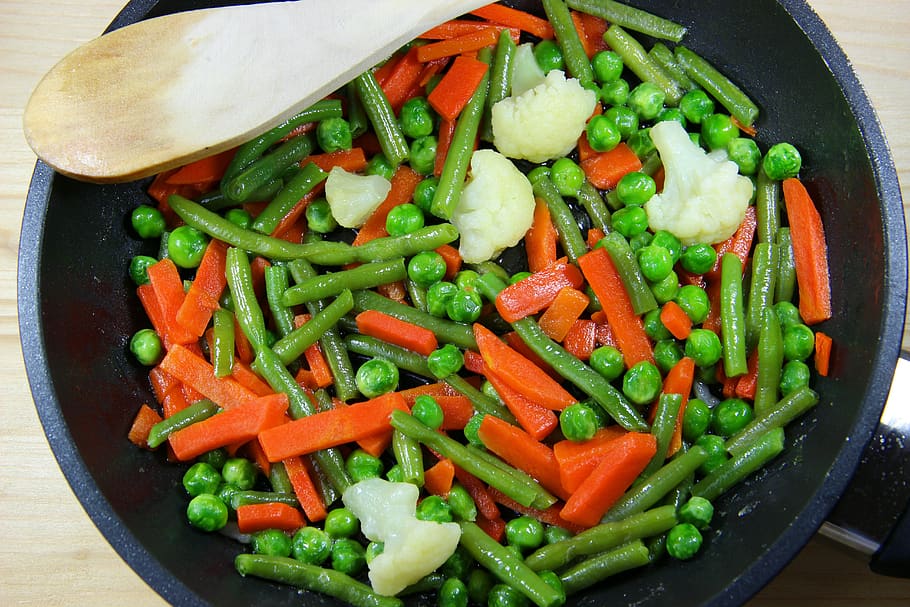 vegetables, cauliflower, carrots, beans, green, red, pan, trowel, HD wallpaper