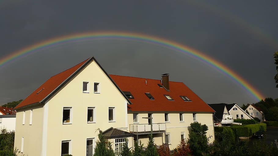 rainbow, photo, beautiful, house, architecture, night, building exterior HD wallpaper