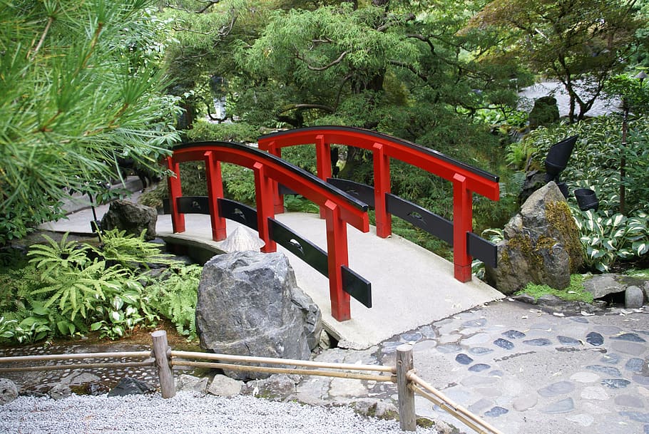 bridge, red, botanical garden, butchart gardens, japanese garden