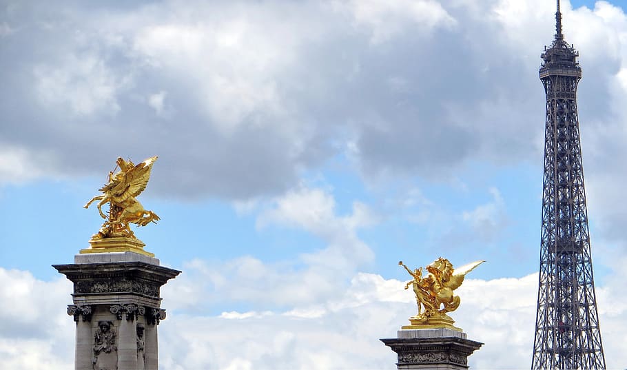 paris, eiffel tower, pegasus, pont alexandre-3, sky of paris HD wallpaper