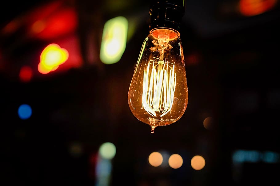 beige pendant lamp focus photo, lightbulb, idea, innovation HD wallpaper