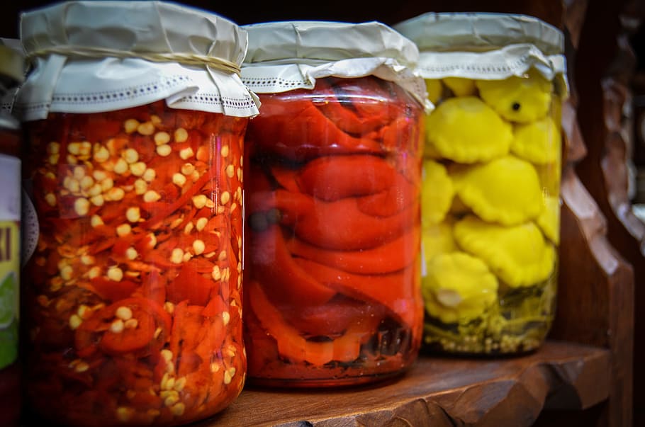 variety of preserved foods, preparations, jars, fruit, jam HD wallpaper