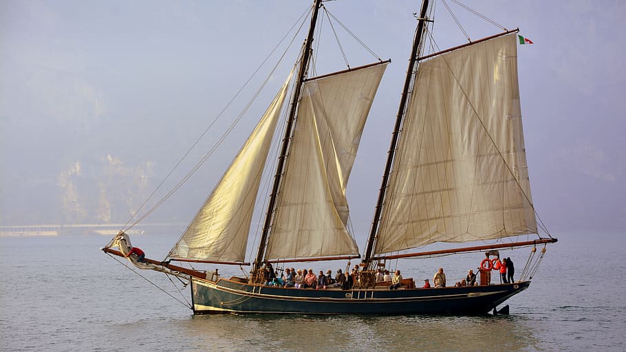 group of people riding on white sailing boat, sailing ship HD wallpaper