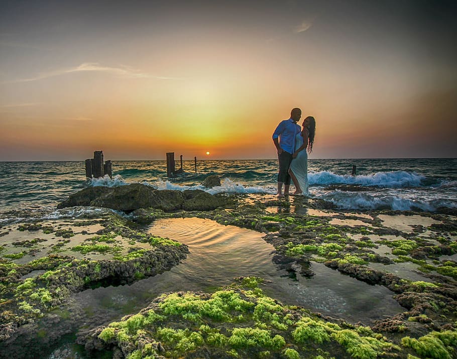 Sunset, Dusk, Clouds, Sea, Ocean, sky, seashore, waves, beach HD wallpaper