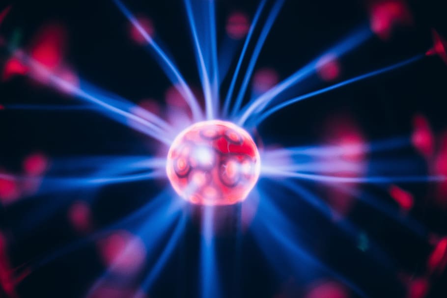 red and red plasma ball, electricity, blue, purple, lightning
