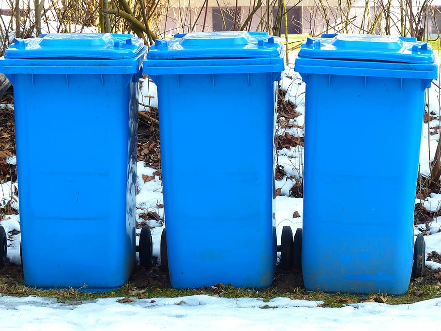three blue trash bins, dustbin, paper wheelie bin, blue tonne, HD wallpaper