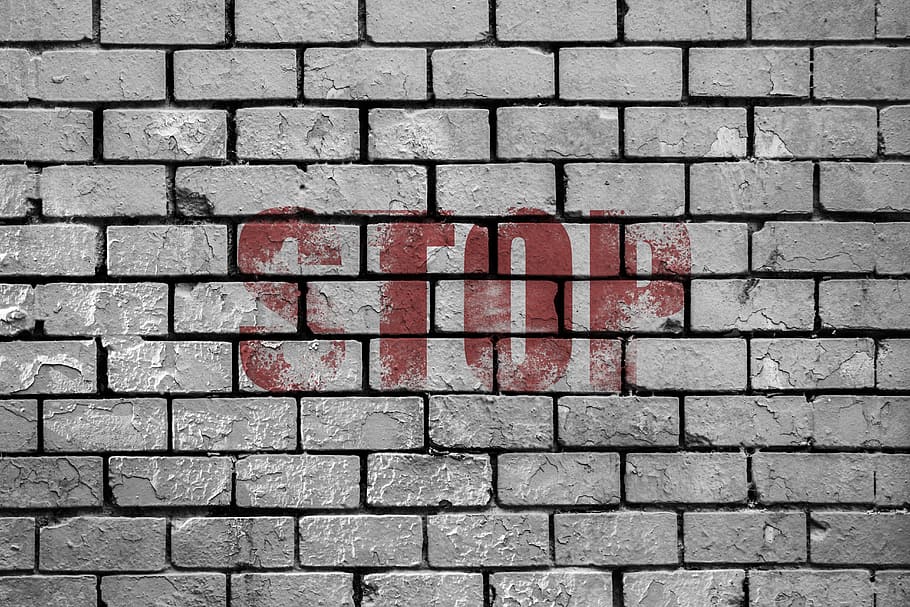 gray bricked wall with red STOP painting, brick wall, text HD wallpaper