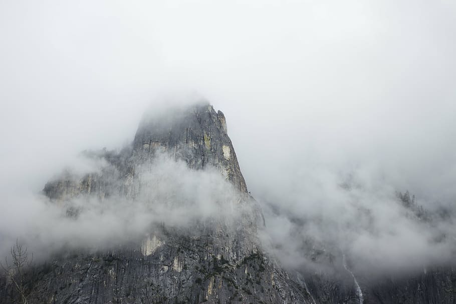 gray rock mountain covered with fog, rocky, smoke, nature, landscape HD wallpaper