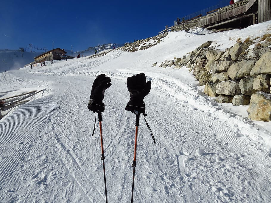 gloves, cold, warming, black, ski run, ski poles, sticks, hike HD wallpaper