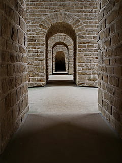 pathway between concrete arch, inside concrete building, brick HD wallpaper