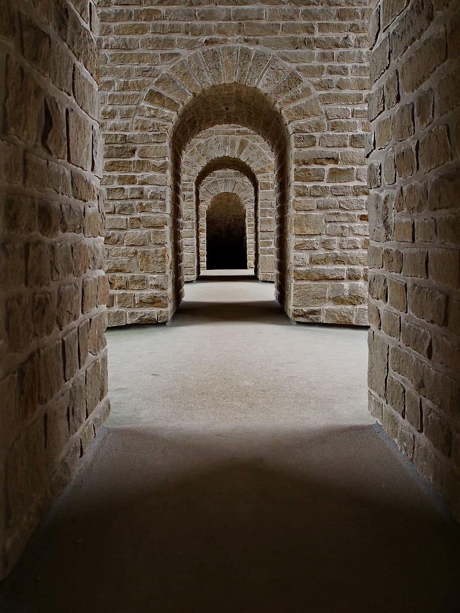 pathway between concrete arch, inside concrete building, brick HD wallpaper