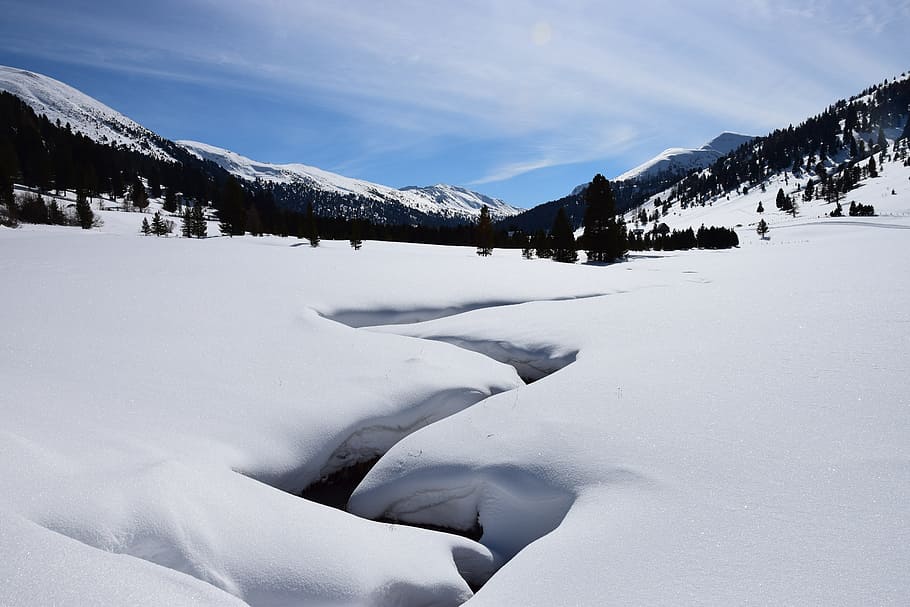 snow, winter, cold, mountain, ice, nature, water, stream, cold temperature HD wallpaper
