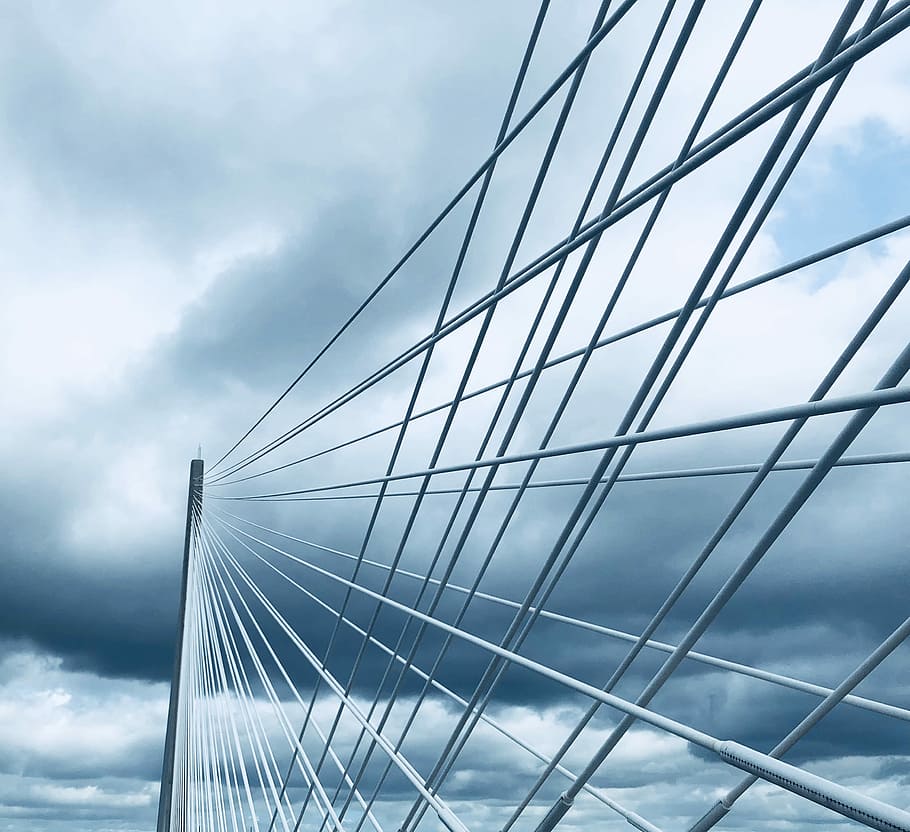 suspension bridge, photography of steel arch bridge, wire, sky HD wallpaper