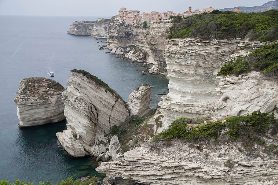 corsican, bonifacio, cliffs, limestone, mediterranean, water, HD wallpaper