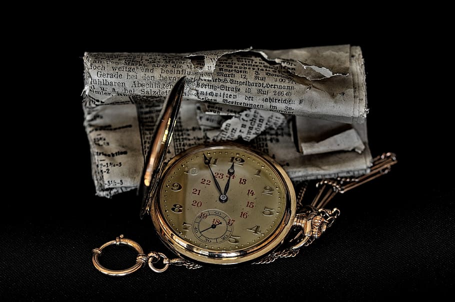 Pocket Watch, Newspaper, Clock, daily newspaper, rolled, crumpled, HD wallpaper