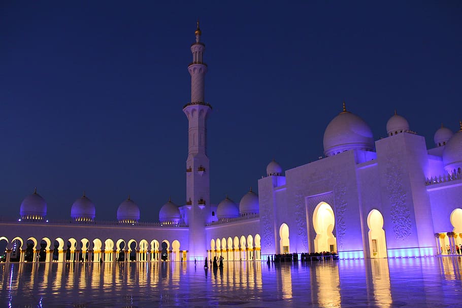 night, view, evening, pray, muslim, amazing, sheikh zayed grand mosque, HD wallpaper