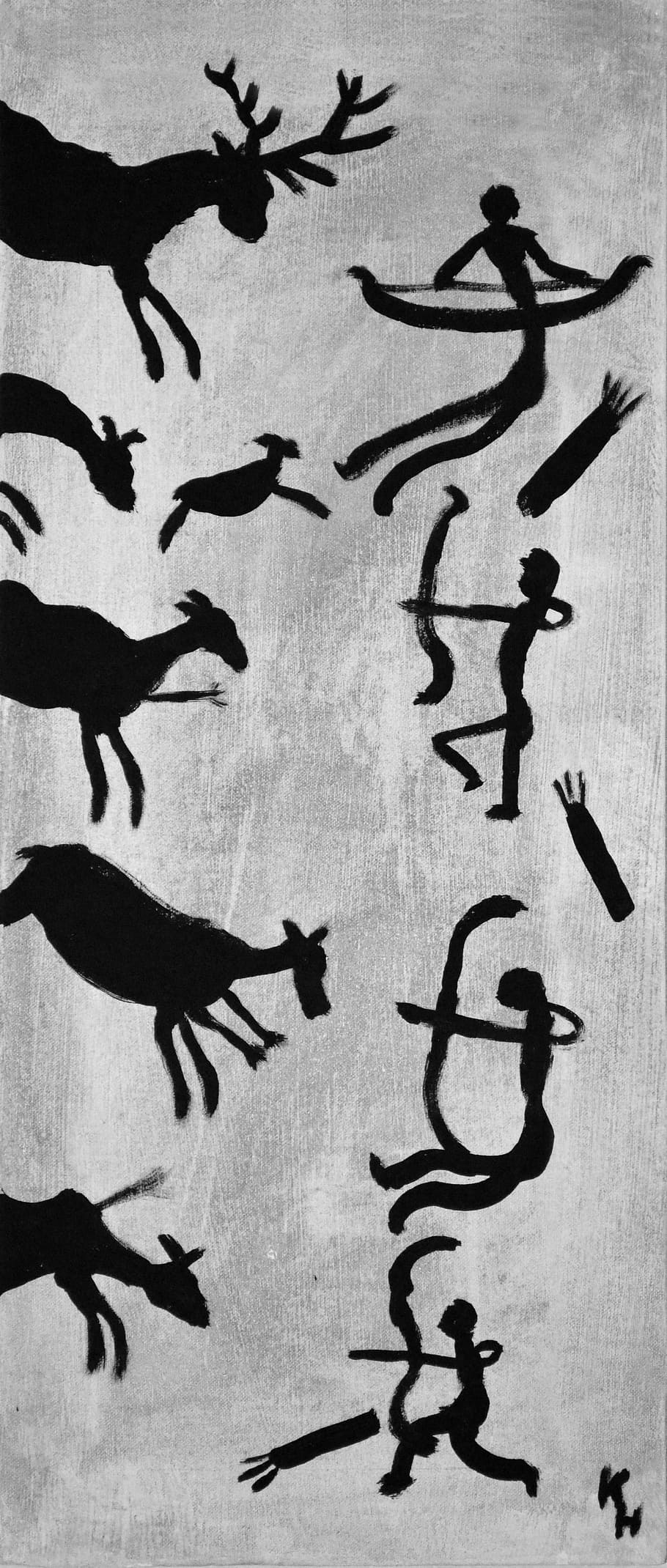black painting of animals, hunting, battue, stone age, cave paintings
