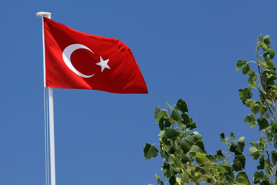Turkey flag, background, blue, country, mast, moon, national, HD wallpaper
