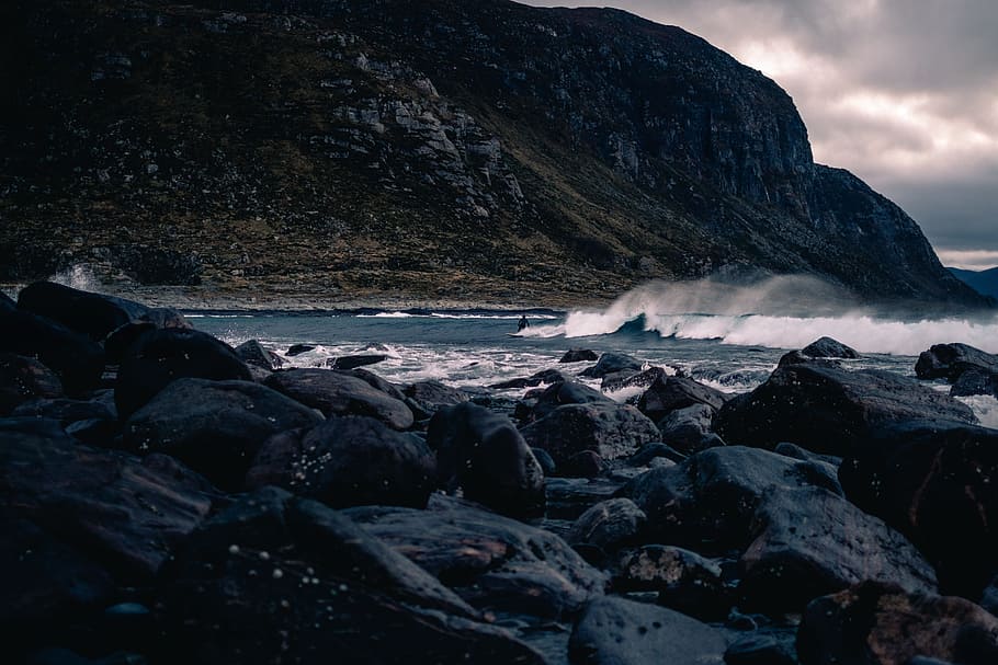 nature, landscape, mountain, waves, ocean, sea, beach, rocks HD wallpaper
