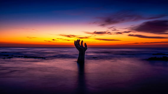 hand on body of water, sunset, dawn, dusk, evening, nature HD wallpaper